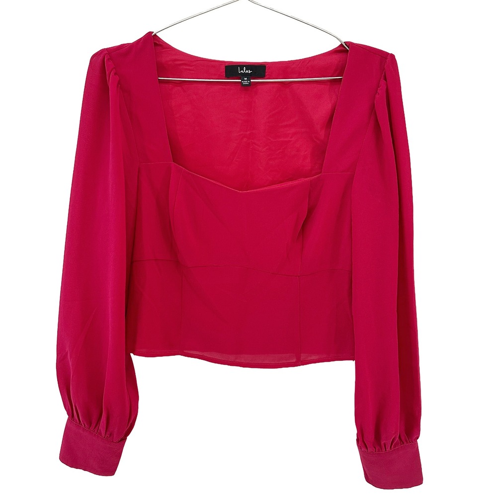 LULUS Cropped Sweetheart Long Sleeve Blouse NWOT • Medium • magenta pink